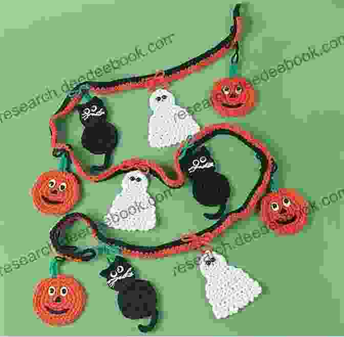 A Crocheted Halloween Garland Featuring Pumpkins, Bats, And Ghosts, Strung On A Twine Adorable Halloween Crochet Tutorials: Cute Halloween Patterns And Instructions