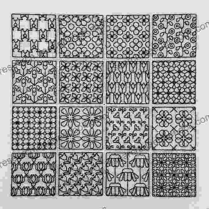 Geometric Blackwork Sampler Featuring Intricate Patterns And Motifs, Showcasing The Beauty Of This Historic Embroidery Technique. Geometric Blackwork Sampler 5 Blackwork Pattern